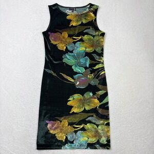 Ivonne Floral Velvet Sleeveless Sheath Dress Black Green Gold Size 12 VTG 90s